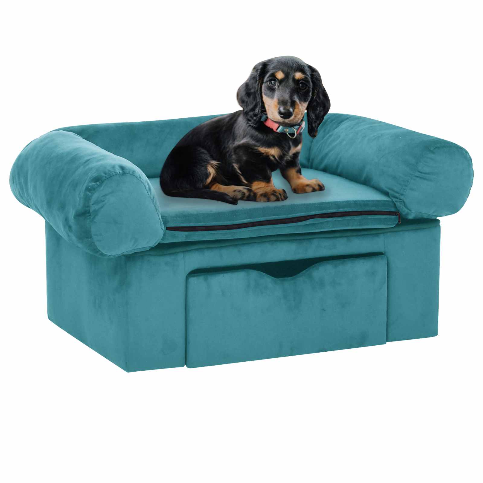 Hundesofa med opbevaringsskuffe - turkis plys, 75 × 50 × 38 cm