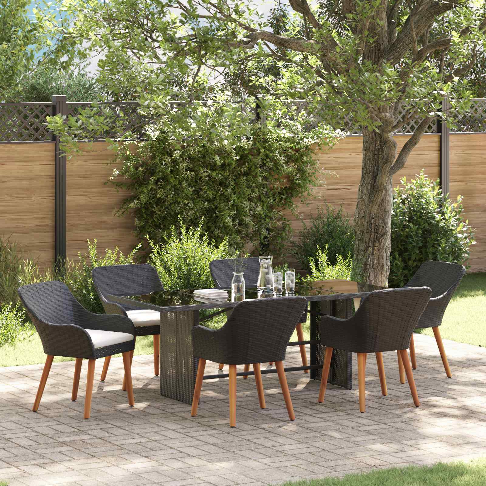 Have spisebordssæt i sort polyrattan med puder - 7 dele