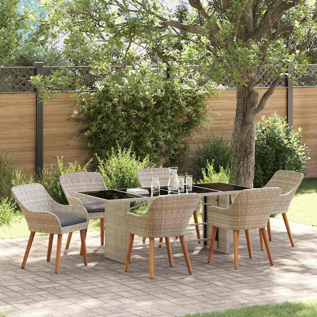 Have spisebordssæt i lysegrå polyrattan - 7 dele med glasbord