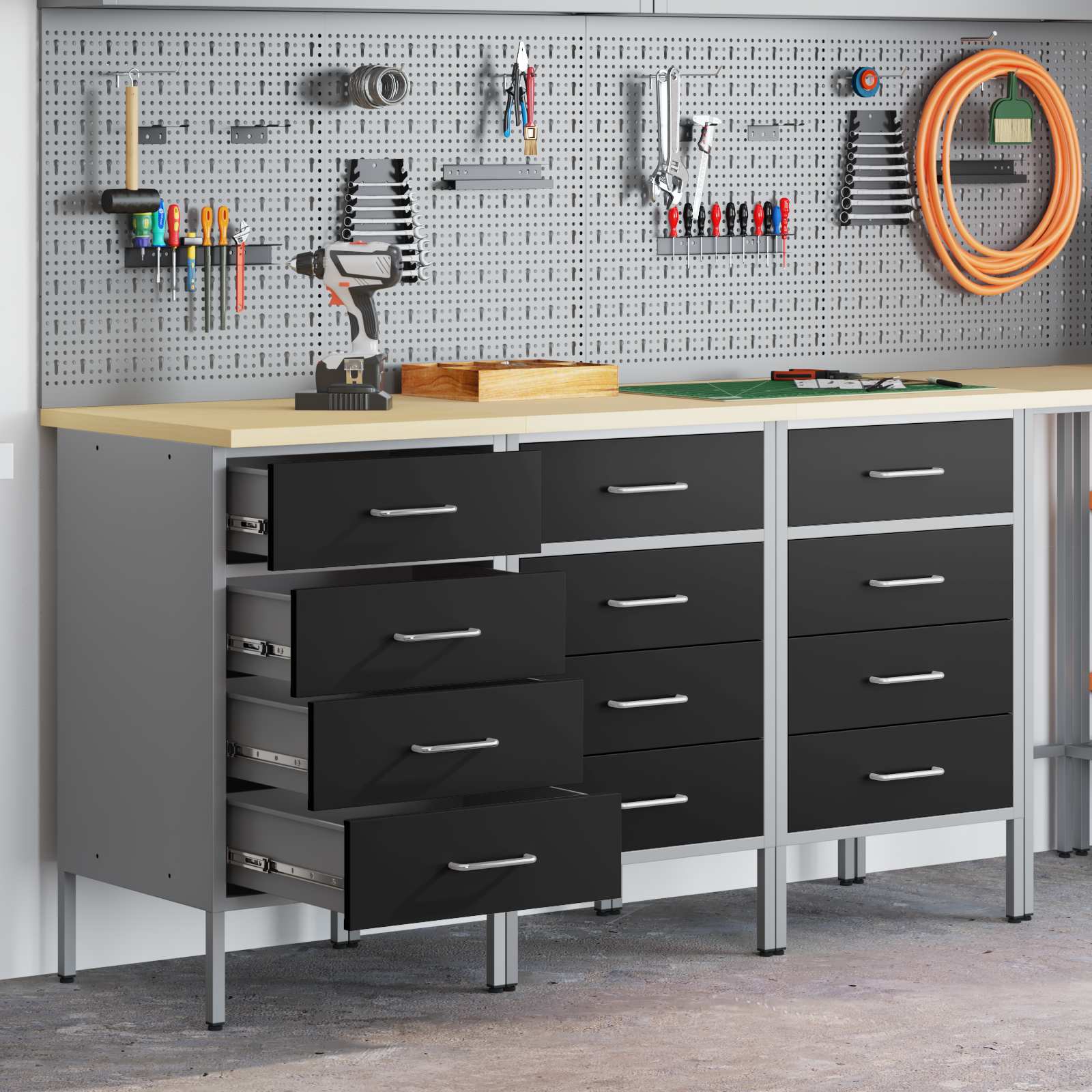 Arbejdsskab med 12 skuffer - sort/grå, 150 × 55 × 85 cm (3 stk)