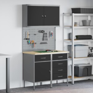 Arbejdsskab med skuffe med lås 5 pcs Sort Ingeniørtræ og stål