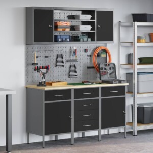 Arbejdsskab med skuffe med hylde 7 pcs Sort Ingeniørtræ og stål